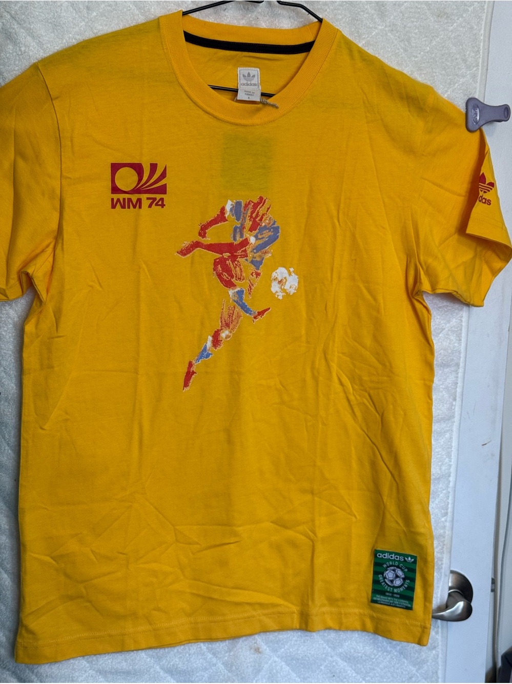 WORLD CUP 1974 adidas Yellow Soccer Graphic Tee with Red NM 74 Logo NWT